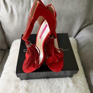 C Label Red Suede Fringe High Heel Sandals